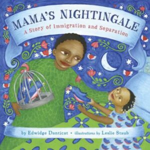 Mama's Nightingale book cover, showing a painting of a woman in a green dress holding a birdcage, and her daughter