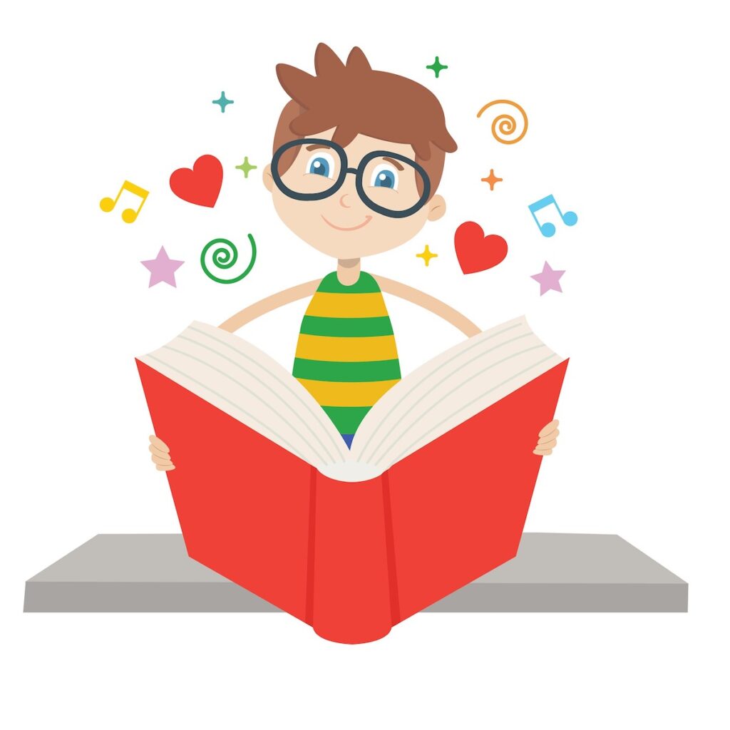 cartoon of boy with glasses reading a book; hearts, musical notes, stars and other symbols float in the air around him