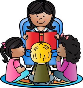cartoon of a woman in a chair reading to three children seated on a rug in front of her