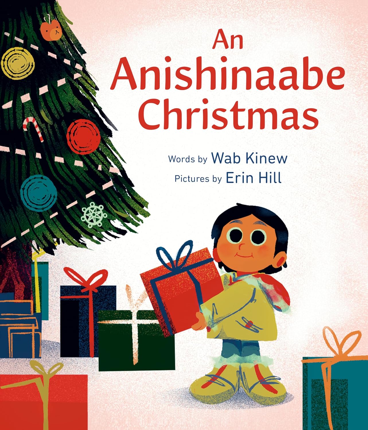 Book cover of child holding a wrapped gift next to a decorated pine tree